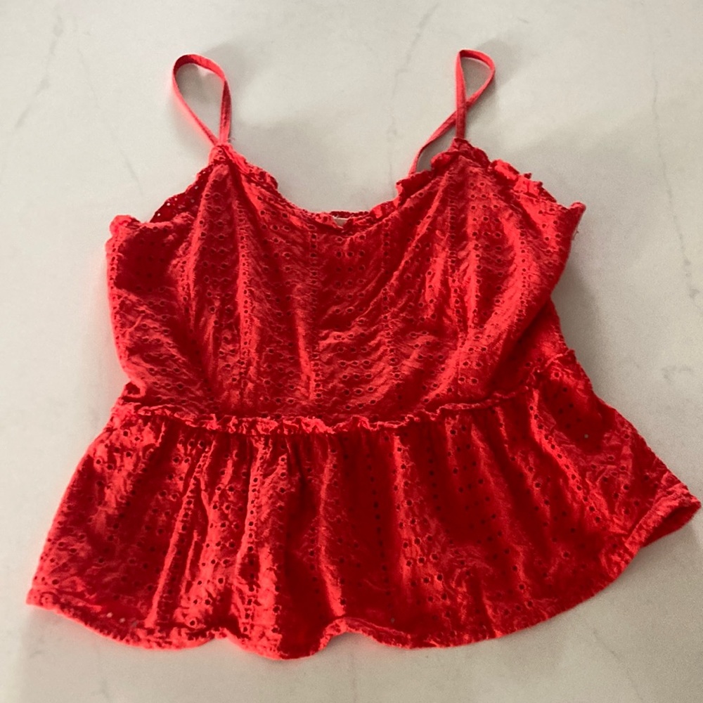 Small red eyelet sim and sam ruffled top